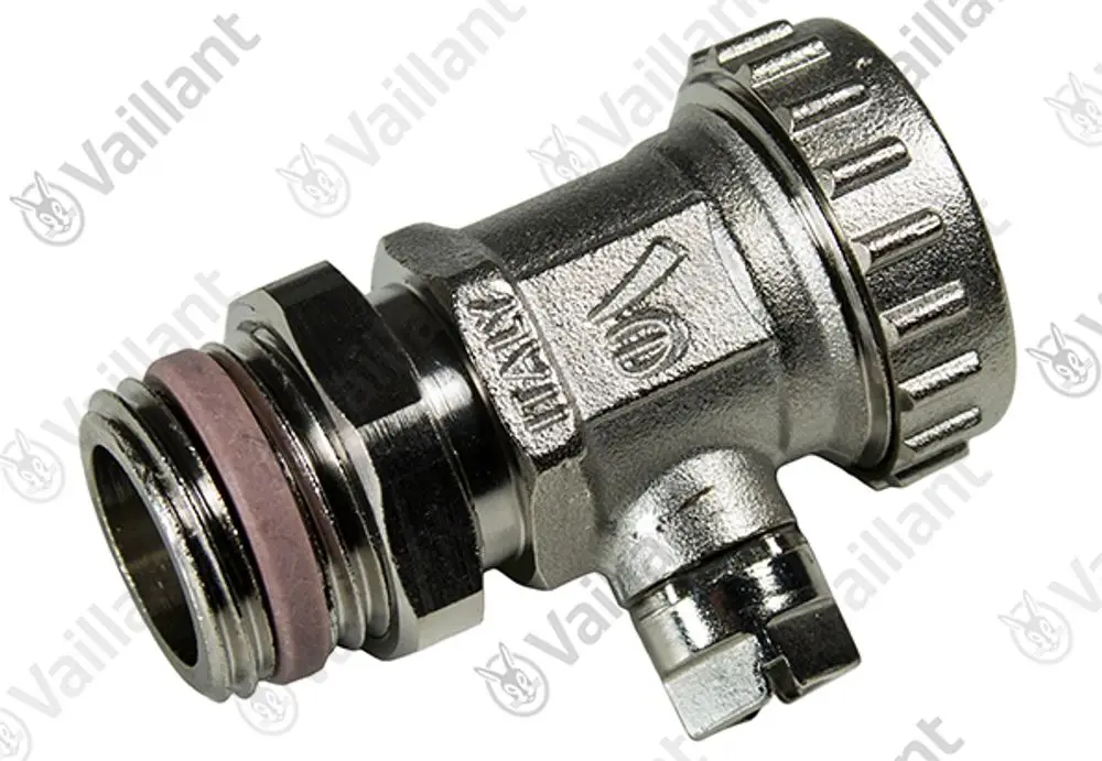Vaillant-Kran mit einem Halter und Dichtungsring, geeignet für Installationen. Der Kran hat eine runde, grooved Oberfläche und eine seitliche Anschlussmöglichkeit.